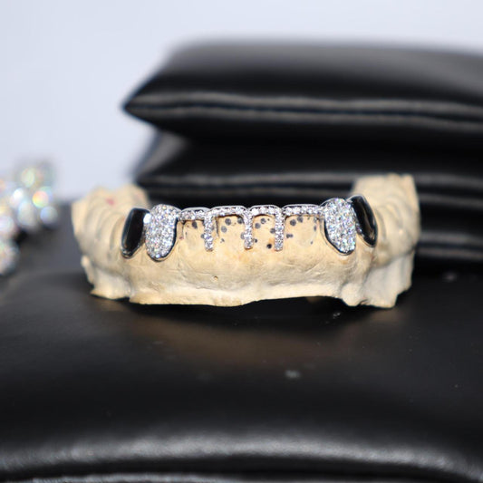 TG004 — Majestic White Gold Plated Zigzag Moissanite Grillz - Top 12 & Bottom 12